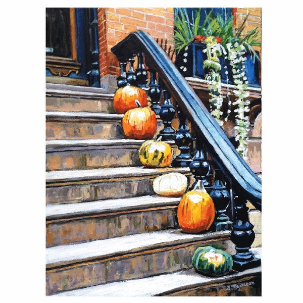 Original Brooklyn Painting, Framed. Pumpkins On The Stoop, Autumn 18x24 Original NYC Cityscape Painting. orange NYC Urban Art. Gwen Meyerson