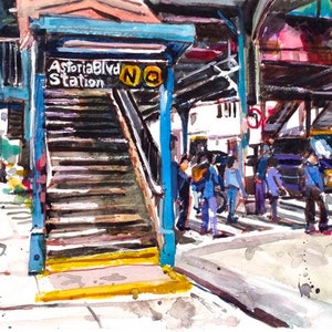 Astoria Queens NYC Watercolor Painting Subway Art LIC Train Stop by Gwen Meyerson image 1