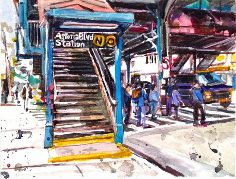 Astoria Queens NYC Watercolor Painting Subway Art LIC Train Stop by Gwen Meyerson image 1