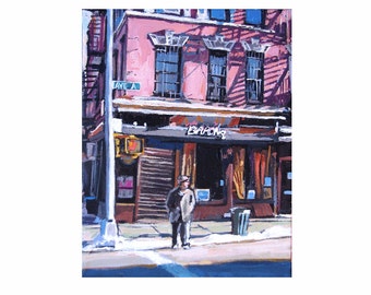 NYC Wall Art of East Village. Lower East Side painting. pink, mauve and purple Print by Gwen Meyerson