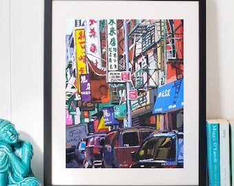 NYC Chinatown Art, Living Room Decor. Cityscape Painting  New York City Gwen Meyerson