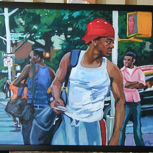 African American Art, Home Decor. Original Canvas Painting. Framed. New York City Urban NYC Painting, 18x24. Gwen Meyerson image 1