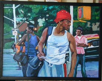 African American Art, Black Men Original Canvas Painting. Framed.  New York City Urban NYC Painting, 18x24. Gwen Meyerson