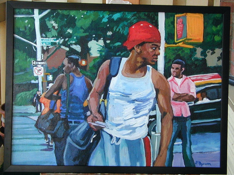 African American Art, Home Decor. Original Canvas Painting. Framed. New York City Urban NYC Painting, 18x24. Gwen Meyerson image 1