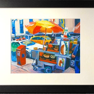 New York City Wall Art Print, NYC Painting. Hot Dog Cart, food vendor, Gwen Meyerson 8x10 framed in black