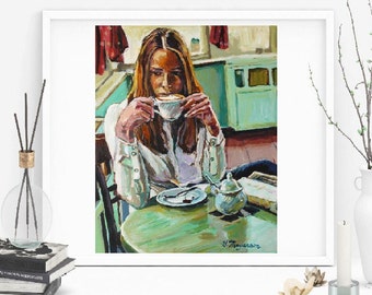 Morning Coffee Wall Art. Coffee  Culture. Interior Figurative Scene. Portrait Painting. Framed Art. Gwen Meyerson