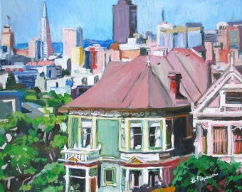 Green Victorian House, San Francisco Art Painting, The Painted Ladies,  Gwen Meyerson