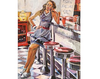 Retro Americana Vintage Diner Art Print with Waitress. Living Room Decor. American Girl. 8x10 Wall Decor Gwen Meyerson