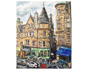 May include: A painting of a street scene in Edinburgh, Scotland. The buildings are made of stone and have a variety of architectural styles. There are shops and restaurants on the street, and people are walking by. The sky is cloudy and gray.