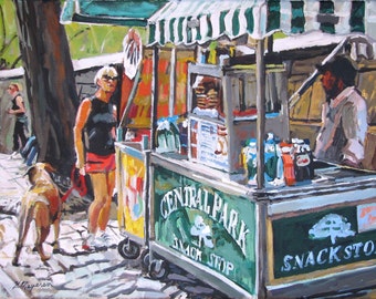 Central Park Pretzel and Hot Dog Cart, 5th Avenue New York Art, NYC  Wall Decor,  Painting by Gwen Meyerson