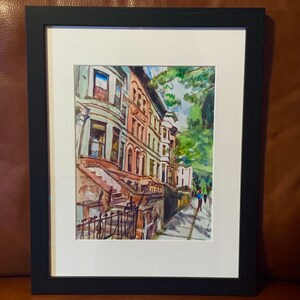 Brooklyn Brownstone watercolor. Park Slope Neighborhood. Prospect Heights Painting. Gwen Meyerson 8x10 in black frame inches
