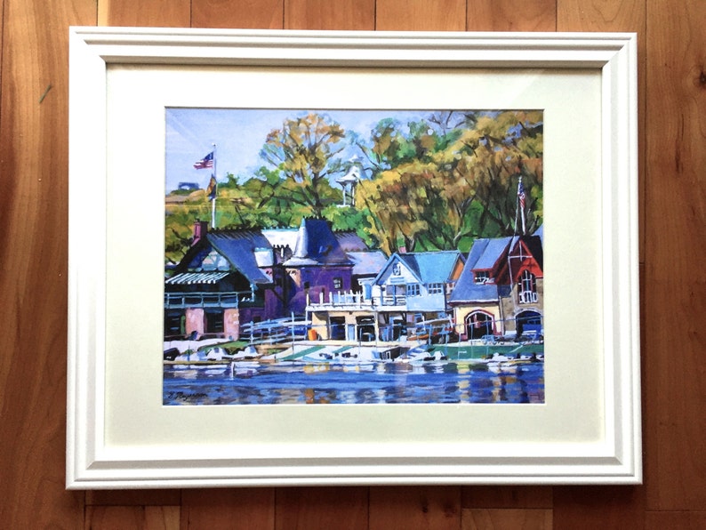 Philadelphia Painting. Living Room Decor. Art Print. Boathouse Row Painting. Schuylkill River Philly Art Print by Gwen Meyerson White Frame 16x20 inches