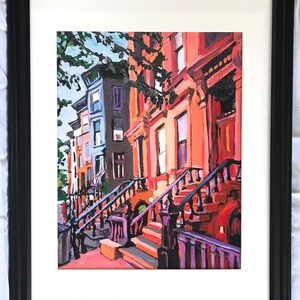 Park Slope Painting. Brooklyn Peach Brownstones, NYC Living Room Decor. Architectural New York Cityscape Gwen Meyerson 16x20 black frame