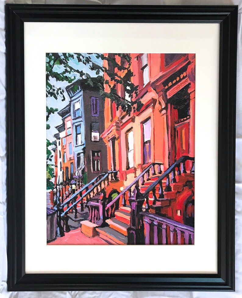 Park Slope Painting. Brooklyn Peach Brownstones, NYC Living Room Decor. Architectural New York Cityscape Gwen Meyerson 16x20 black frame