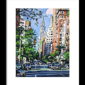 Chrysler Building Print Art. New York Cityscape Wall Art. Eastside Painting. Iconic Manhattan Building. Gwen Meyerson 8x10 in black frame inches