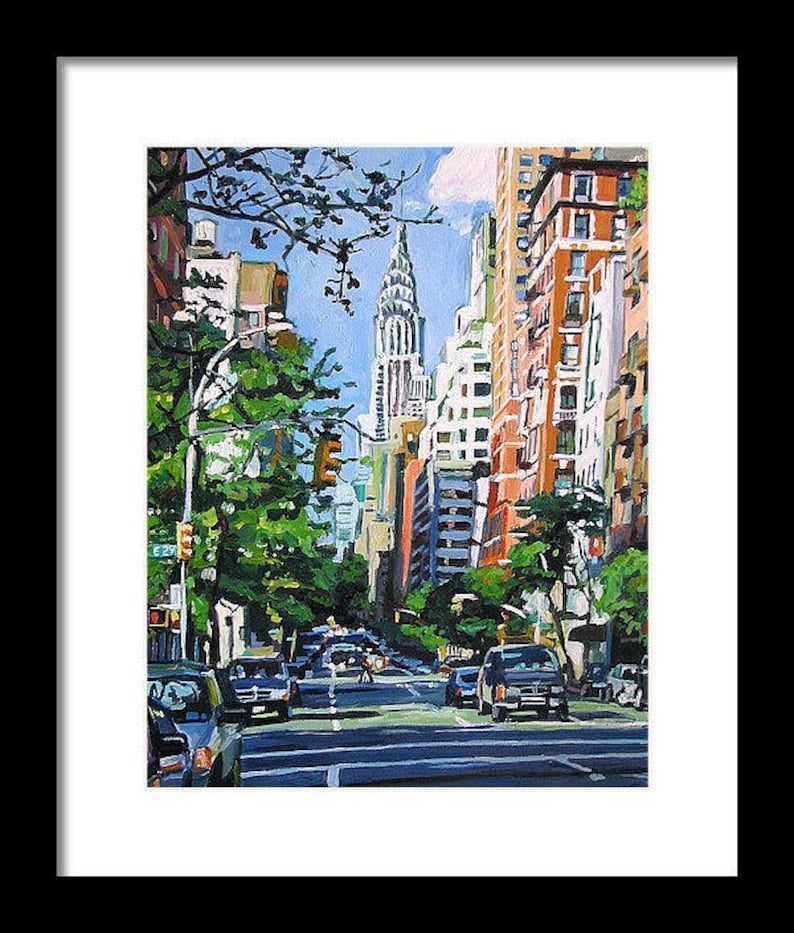 Chrysler Building Print Art. New York Cityscape Wall Art. Eastside Painting. Iconic Manhattan Building. Gwen Meyerson 8x10 in black frame inches