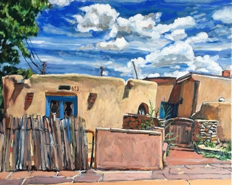 Santa Fe Painting, Adobe and Clouds Southwestern Architecture, Original Oil New Mexico Gwen Meyerson