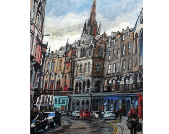 Scotland Painting. Scottish Art. Edinburgh Victoria Street, Living Room Decor Old Town Architecture Print by Gwen Meyerson