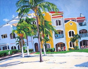 Lámina artística de la playa de Aruba: Pintura de una villa tropical, Costa Linda, Gwen Meyerson