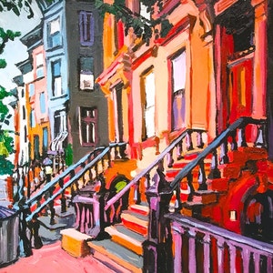 Park Slope Painting. Brooklyn Peach Brownstones, NYC Living Room Decor. Architectural New York Cityscape Gwen Meyerson 12.5" sq. unframed