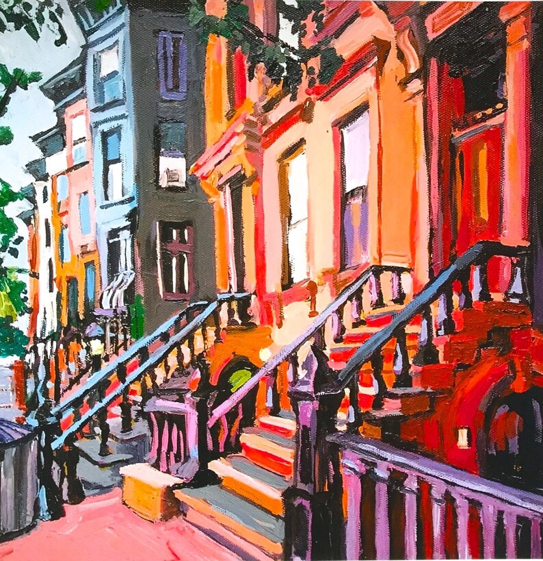 Park Slope Painting. Brooklyn Peach Brownstones, NYC Living Room Decor. Architectural New York Cityscape Gwen Meyerson 12.5" sq. unframed