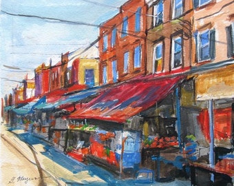 Philadelphia Painting. 9th Street Italian Market. Living Room Decor. South Philly watercolor print Gwen Meyerson