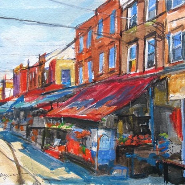 Philadelphia Painting. 9th Street Italian Market. Living Room Decor. South Philly watercolor print Gwen Meyerson
