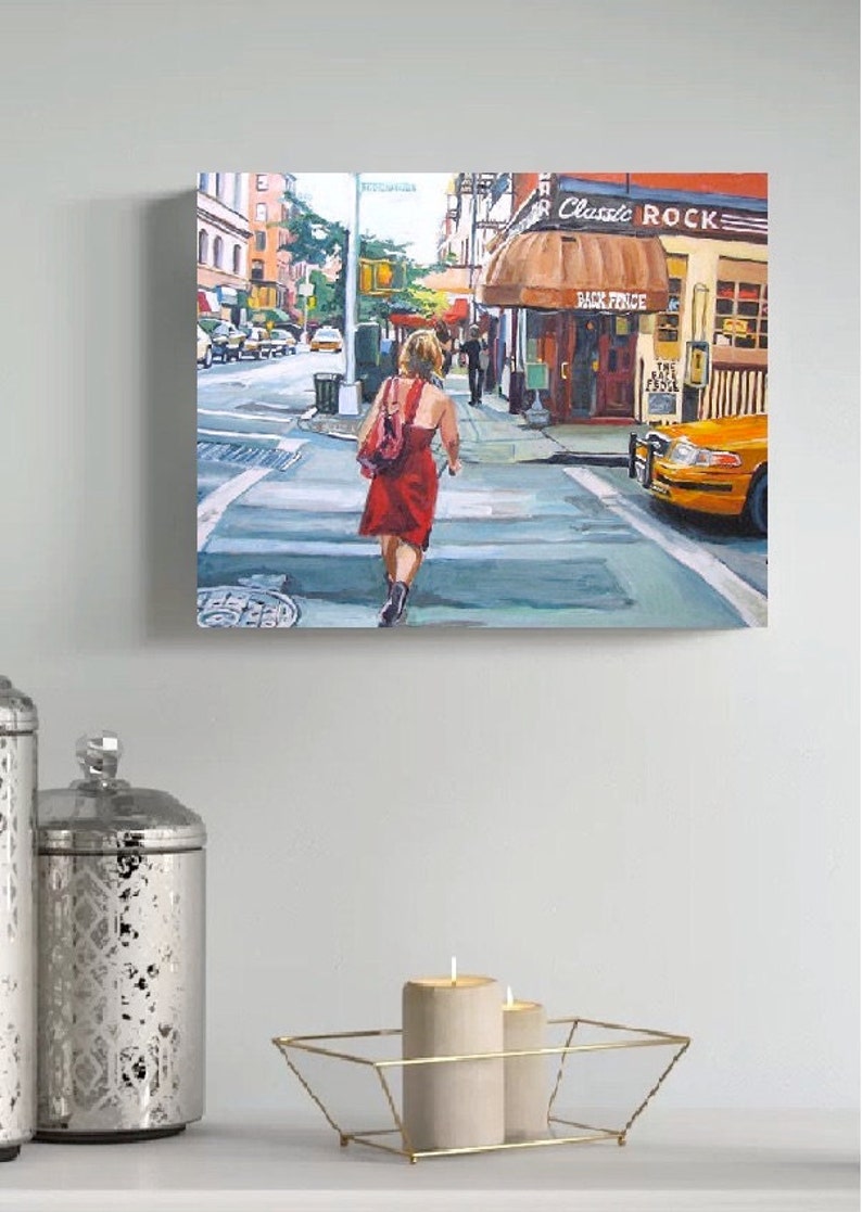 NYC Painting. New York Art Print. Living Room Decor. Red Dress On Bleecker Street, The Back Fence Painting by Gwen Meyerson image 4