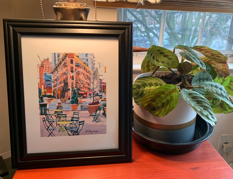 Meatpacking District Plaza, Chelsea Market New York NYC Art, Living Room Decor Art Print Cityscape. pink New York Painting Gwen Meyerson 5.5x7 in black frame