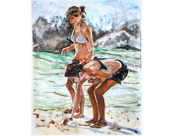 Original Beach Girls Watercolor Painting. Friends original art painting, Beachcombers  by Gwen Meyerson