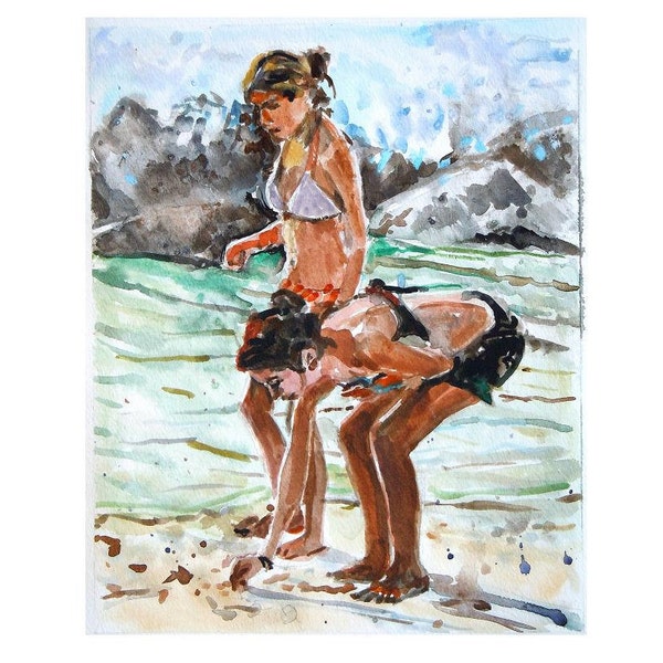 Original Beach Girls Watercolor Painting. Friends original art painting, Beachcombers  by Gwen Meyerson