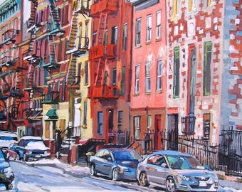 May include: A painting of a city street with row houses in various colors, including red, yellow, and green. The houses have fire escapes and windows. There are two cars parked in front of the houses, one blue and one silver.