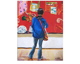 Girl In Museum Looking at Henri Matisse, 8x10 Art Print, The Red Studio MOMA red blue Painting Gwen Meyerson