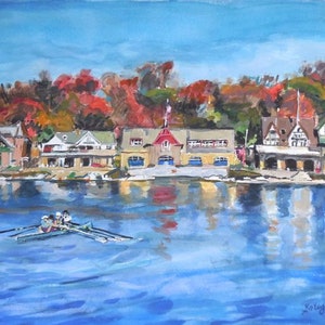 Philadelphia Painting of Boathouse Row. Living Room Decor. Watercolor Print. Autumn Leaves. Gwen Meyerson