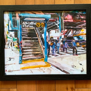 Astoria Queens NYC Watercolor Painting Subway Art LIC Train Stop by Gwen Meyerson 11x14 in sm bl frame