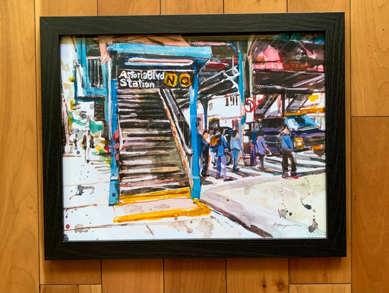 Astoria Queens NYC Watercolor Painting Subway Art LIC Train Stop by Gwen Meyerson 11x14 in sm bl frame