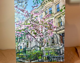 Park Slope Brownstones and Cherry Blossoms. Brooklyn Neighborhood. Prospect Park. Art Print. Gwen Meyerson