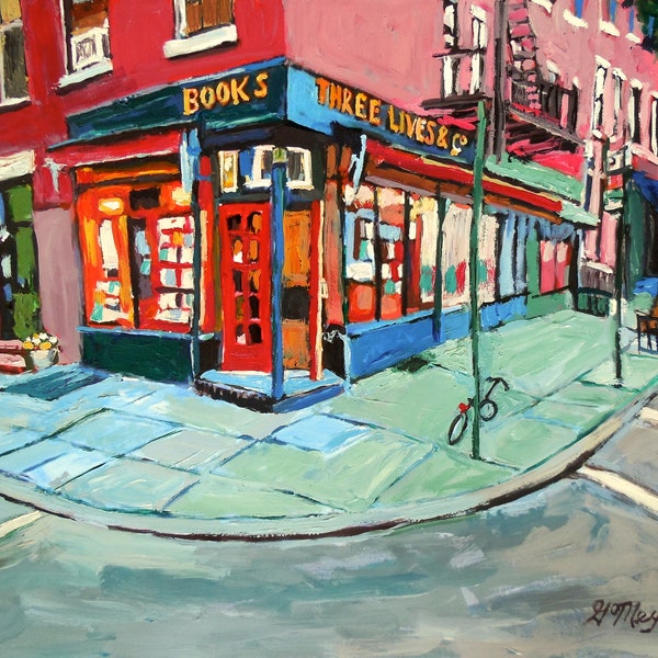 Bookstore NYC Art.  Book Lover, Gift for Writer, Three Lives & Company, New York Art Home Decor. Painting Gwen Meyerson