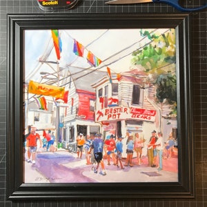 Cape Cod Provincetown, casier à homard, aquarelle, impression d'art Gwen Meyerson framed BLK 14 square pouces