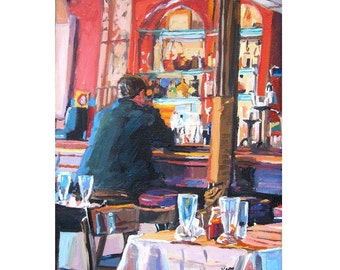 Interior Bar Scene, French Cafe Art. Brooklyn NYC, Parisian Red Bistro Art Print.   Gwen Meyerson