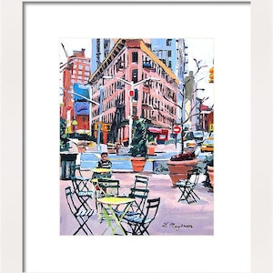 Meatpacking District Plaza, Chelsea Market New York NYC Art, Living Room Decor Art Print Cityscape. pink New York Painting Gwen Meyerson 8x10 in white frame