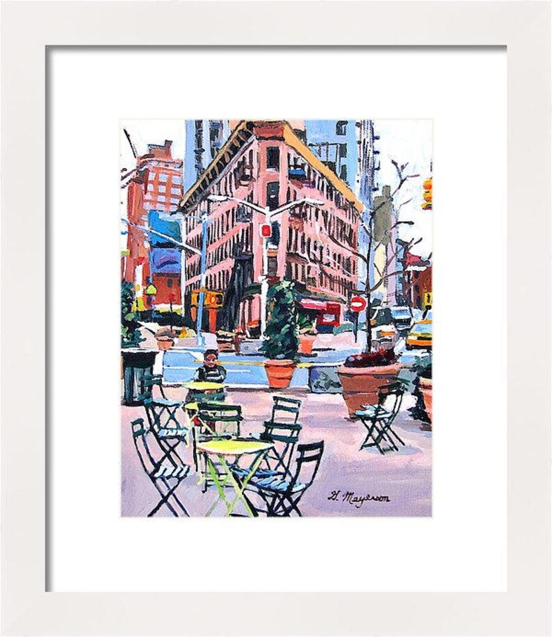 Meatpacking District Plaza, Chelsea Market New York NYC Art, Living Room Decor Art Print Cityscape. pink New York Painting Gwen Meyerson 8x10 in white frame