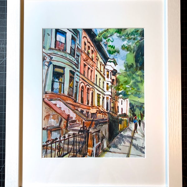 Framed Brooklyn Art Print: Prospect Heights Brownstones Watercolor, Gwen Meyerson Painting
