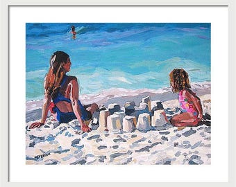 Beach Art Sand Castles.  Fine Art Print, Mother and Child Painting by Gwen Meyerson
