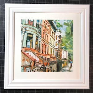 NYC Wall Art, Brooklyn Brownstone Art Print, Park Slope, Square Frame, Framed in White by Gwen Meyerson
