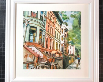 NYC Wall Art, Brooklyn Brownstone Art Print, Park Slope, Square Frame, Framed in White by Gwen Meyerson