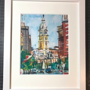 Philadelphia Watercolor Painting. City Hall, Home Decor. Living Room Decor. Philly cityscape. Center City Art Print. Gwen Meyerson framed 8x10 in white inches