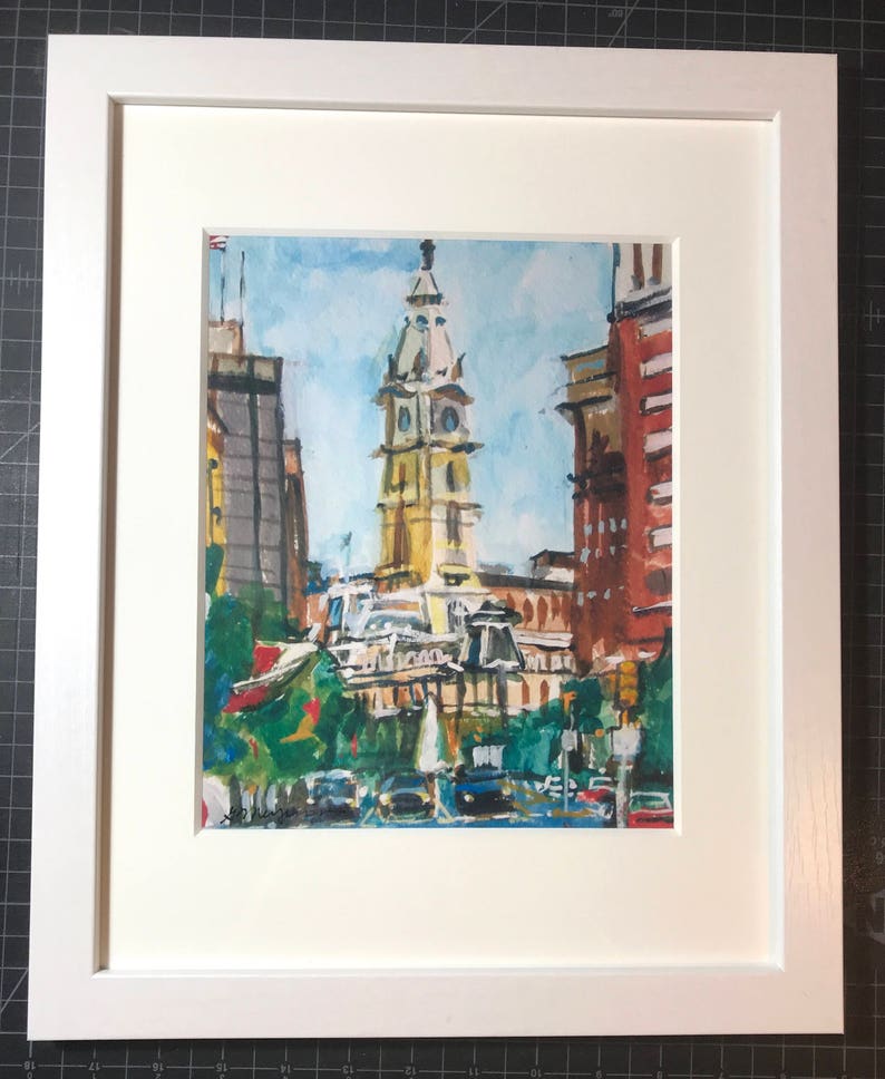 Philadelphia Watercolor Painting. City Hall, Home Decor. Living Room Decor. Philly cityscape. Center City Art Print. Gwen Meyerson framed 8x10 in white inches