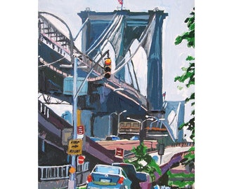 May include: A painting of the Brooklyn Bridge in New York City. The bridge is painted in shades of blue and gray, with white cables and a red, white, and blue American flag at the top. The painting is done in a loose, impressionistic style.