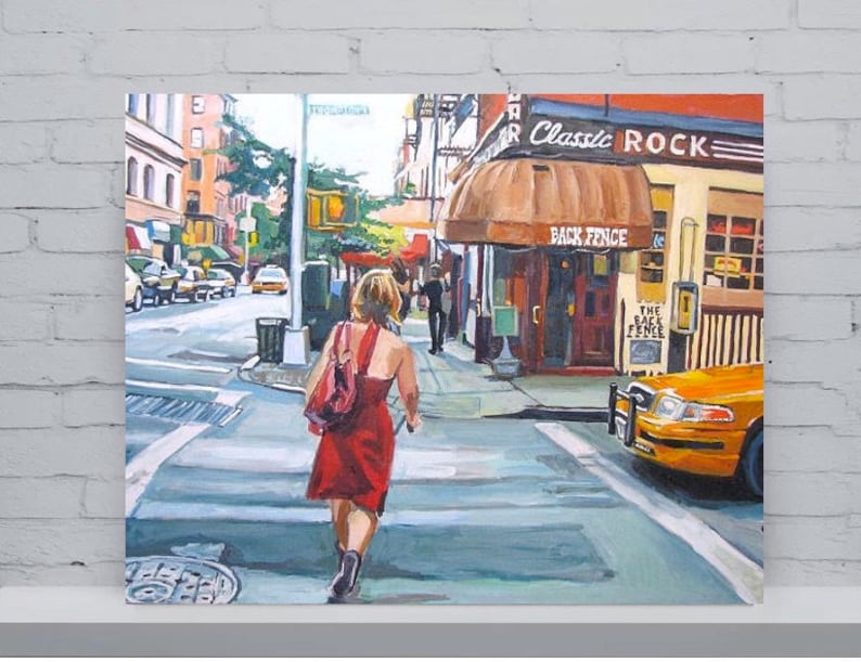 NYC Painting. New York Art Print. Living Room Decor. Red Dress On Bleecker Street, The Back Fence Painting by Gwen Meyerson image 1
